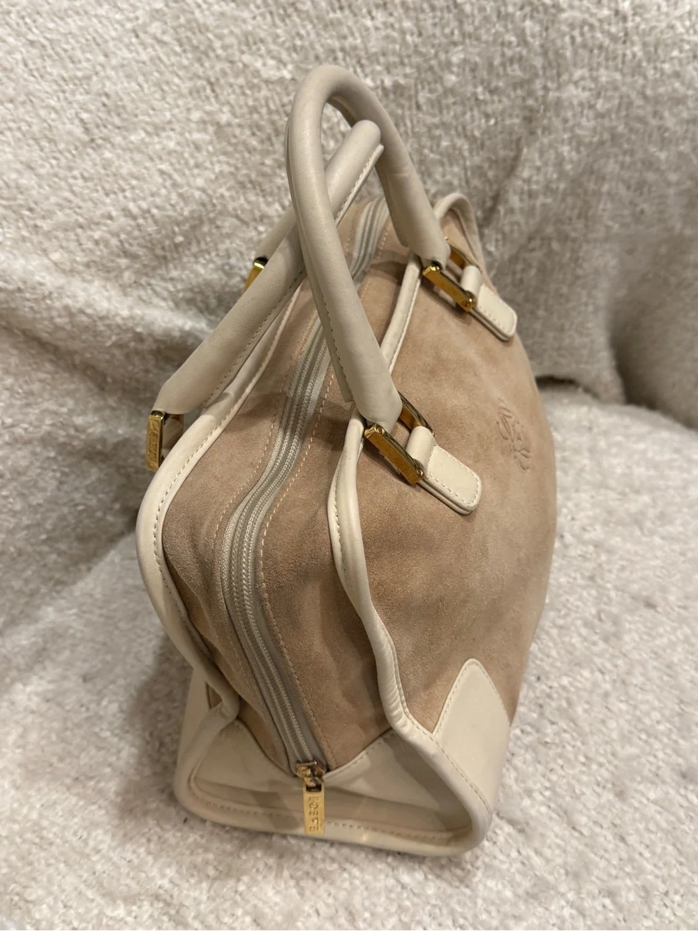 Loewe Amazona Vintage Beige Suede Satchel with Cream Leather Trim